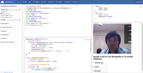 Screenshot of the Face Recognition sample code in jsfiddle.net